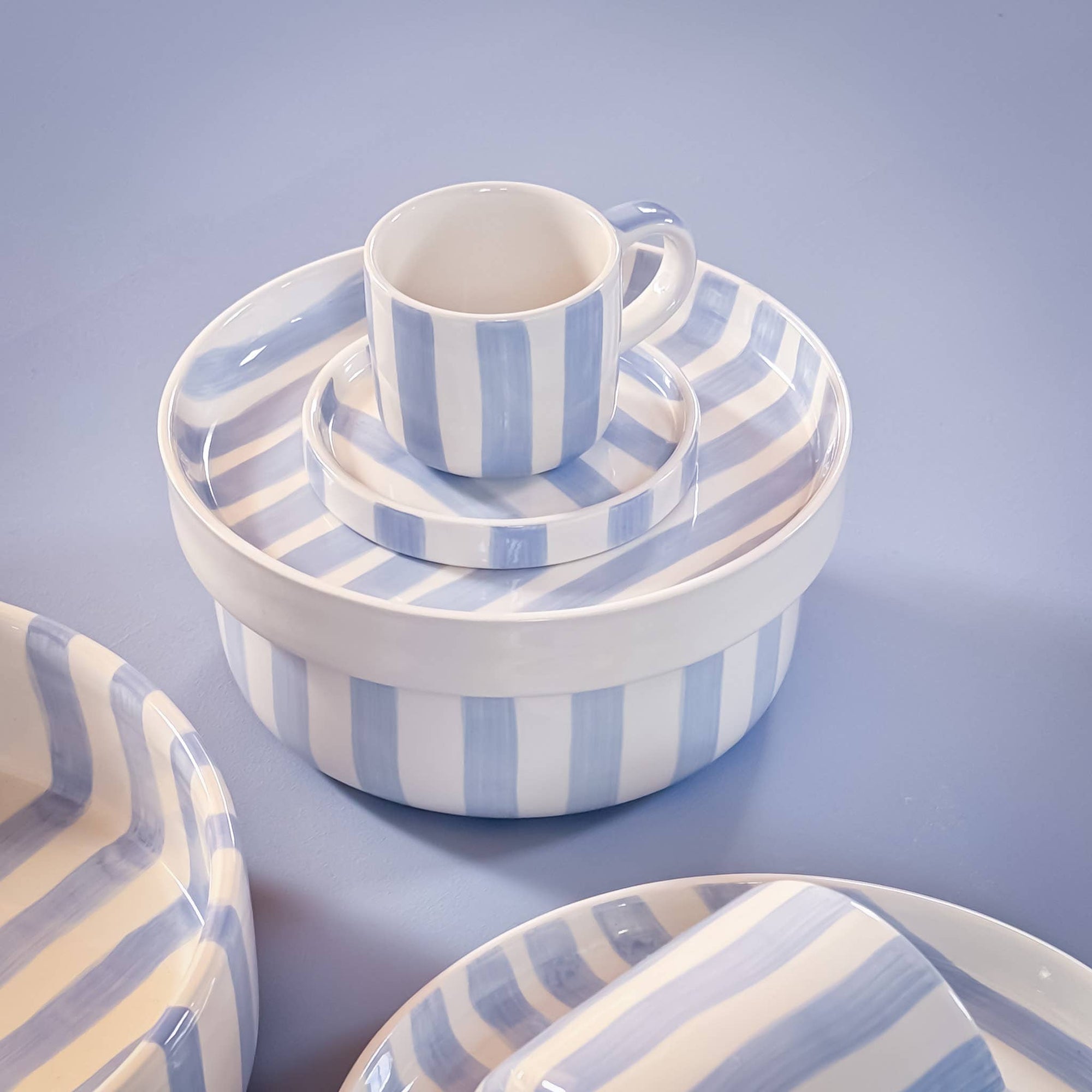 Light Blue and White Striped Espresso Cup & Saucer Set