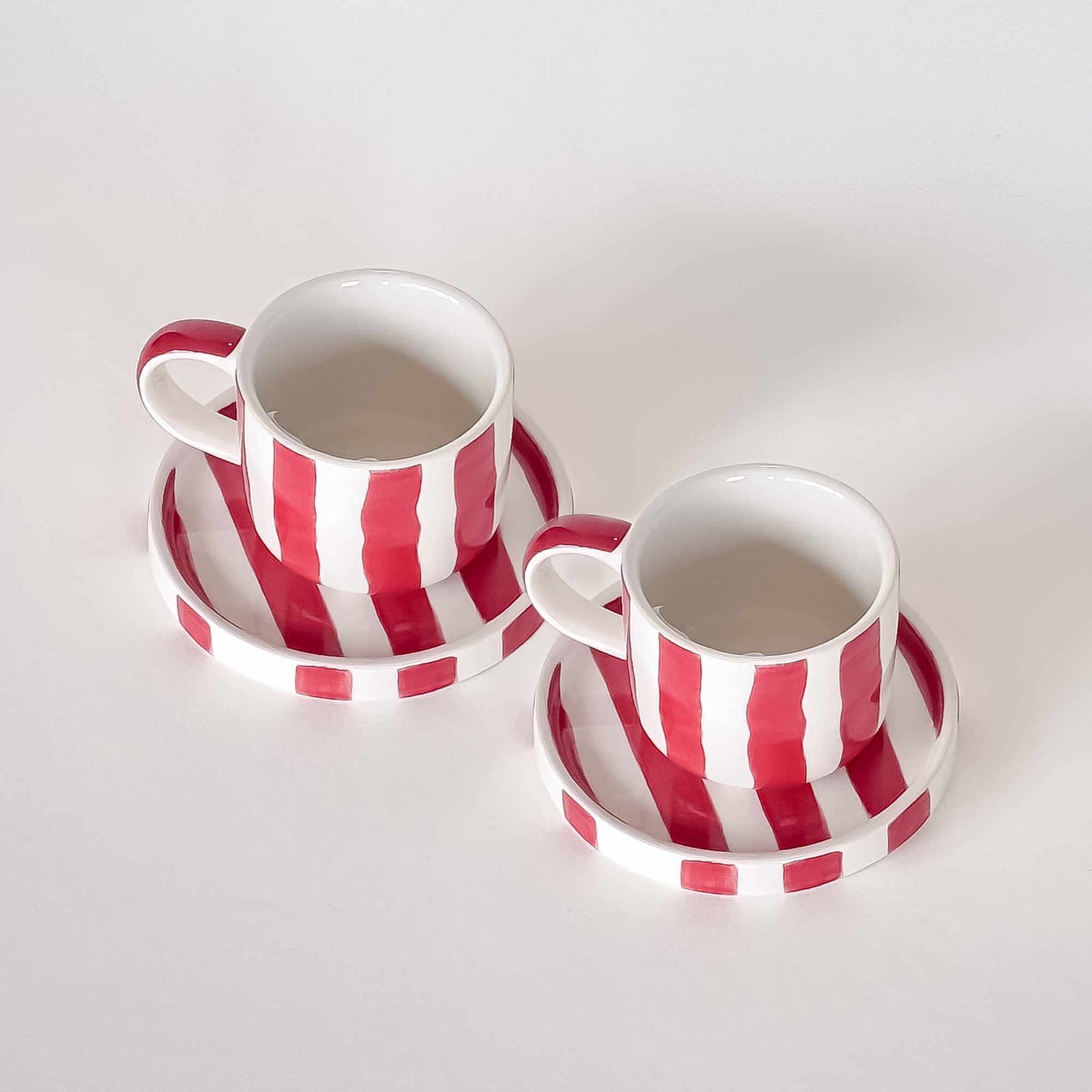 Red and White Striped Espresso Cup and Saucer Set
