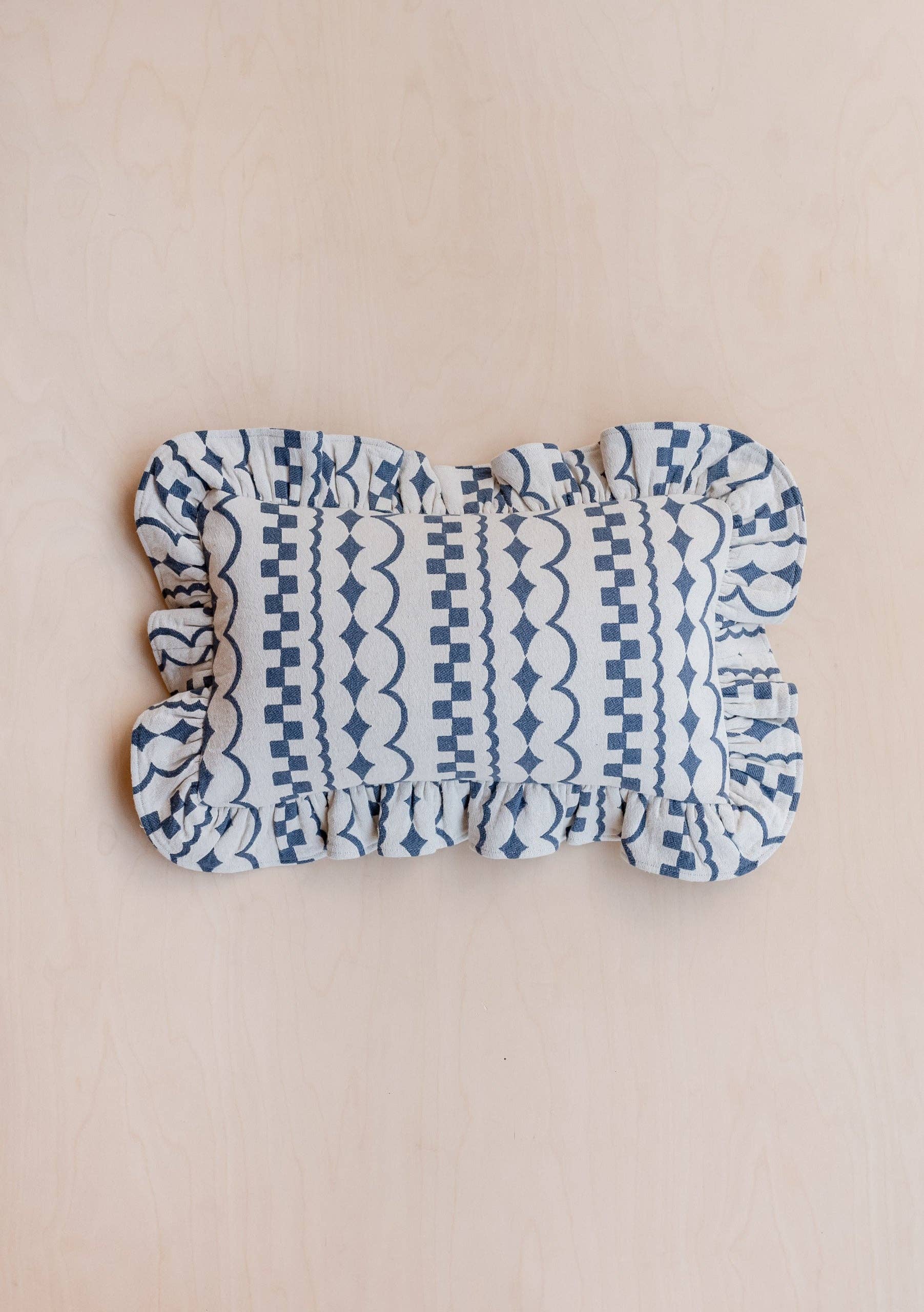 Blue and White Patterned Ruffle Cushion