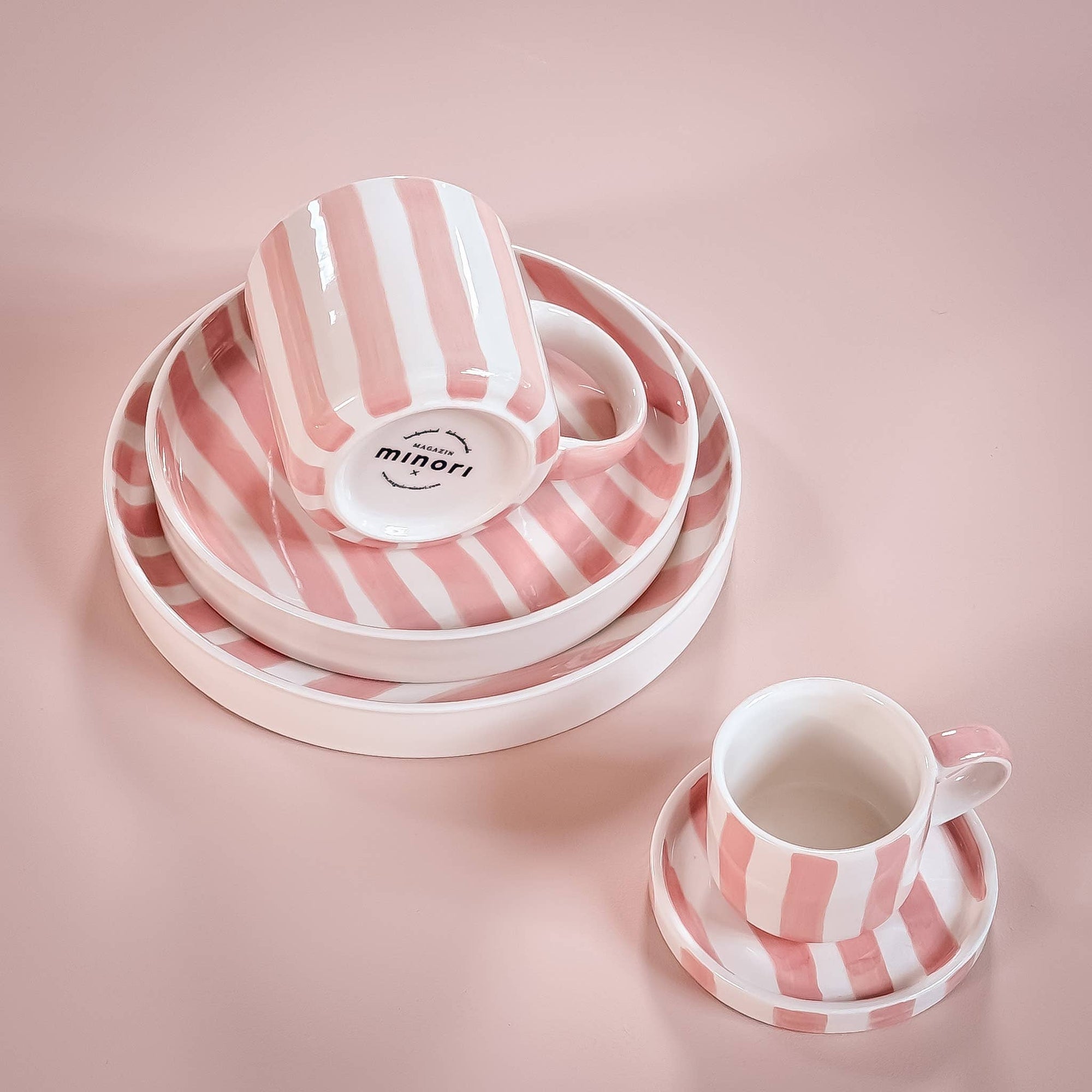 Pink and White Striped Espresso Cup and Saucer Set