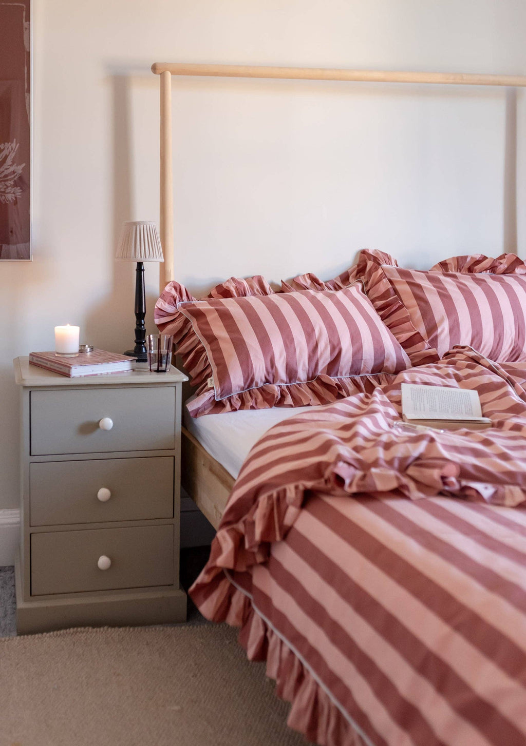 Pink and Red Striped Ruffle Pillow Case