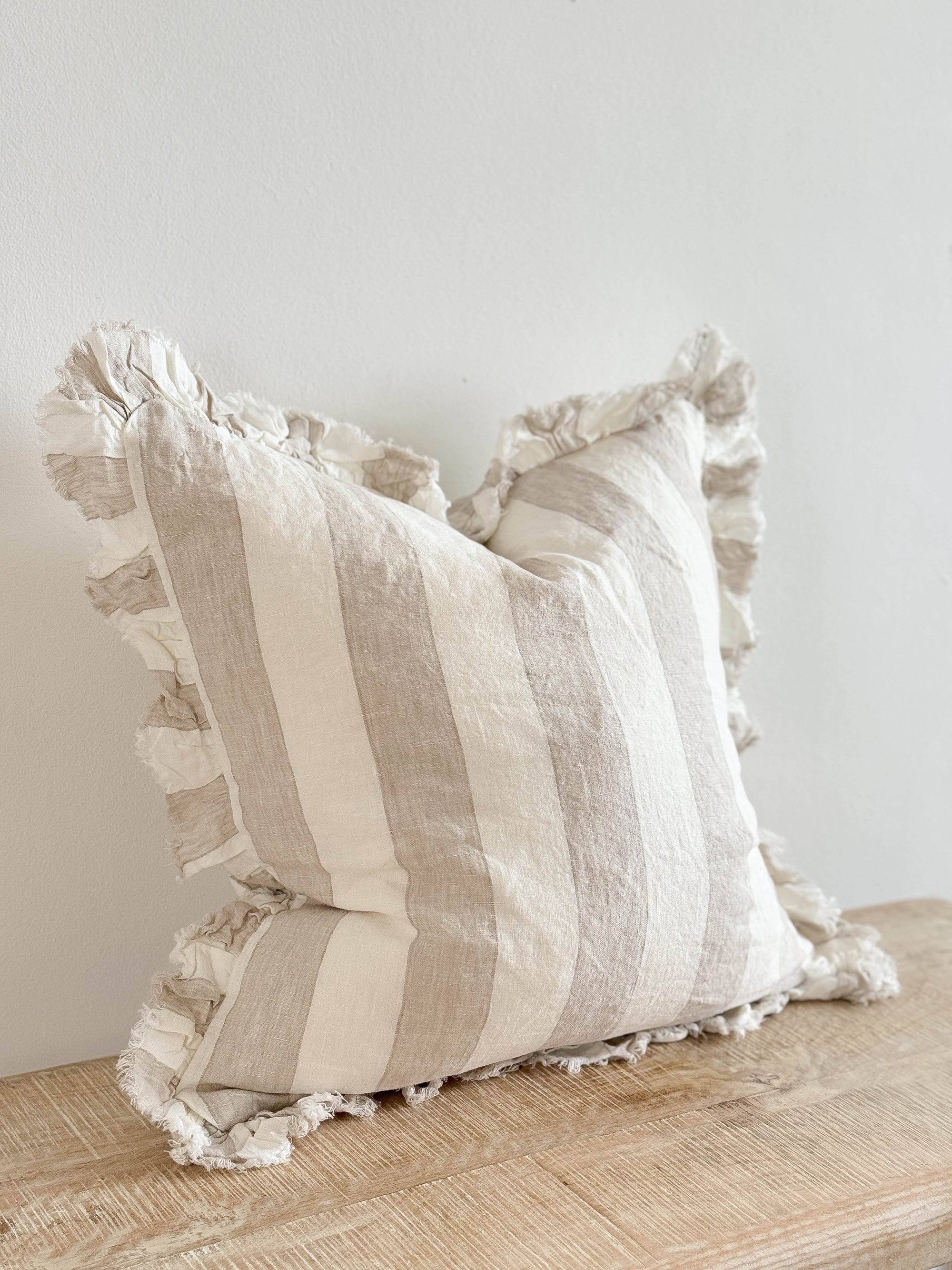 Beige and White Cushion Cover Striped Ruffle