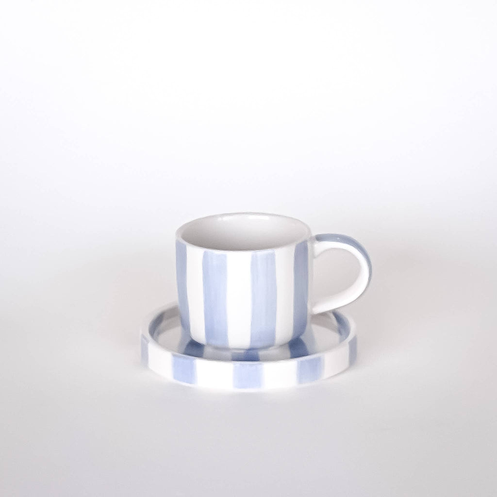 Light Blue and White Striped Espresso Cup & Saucer Set