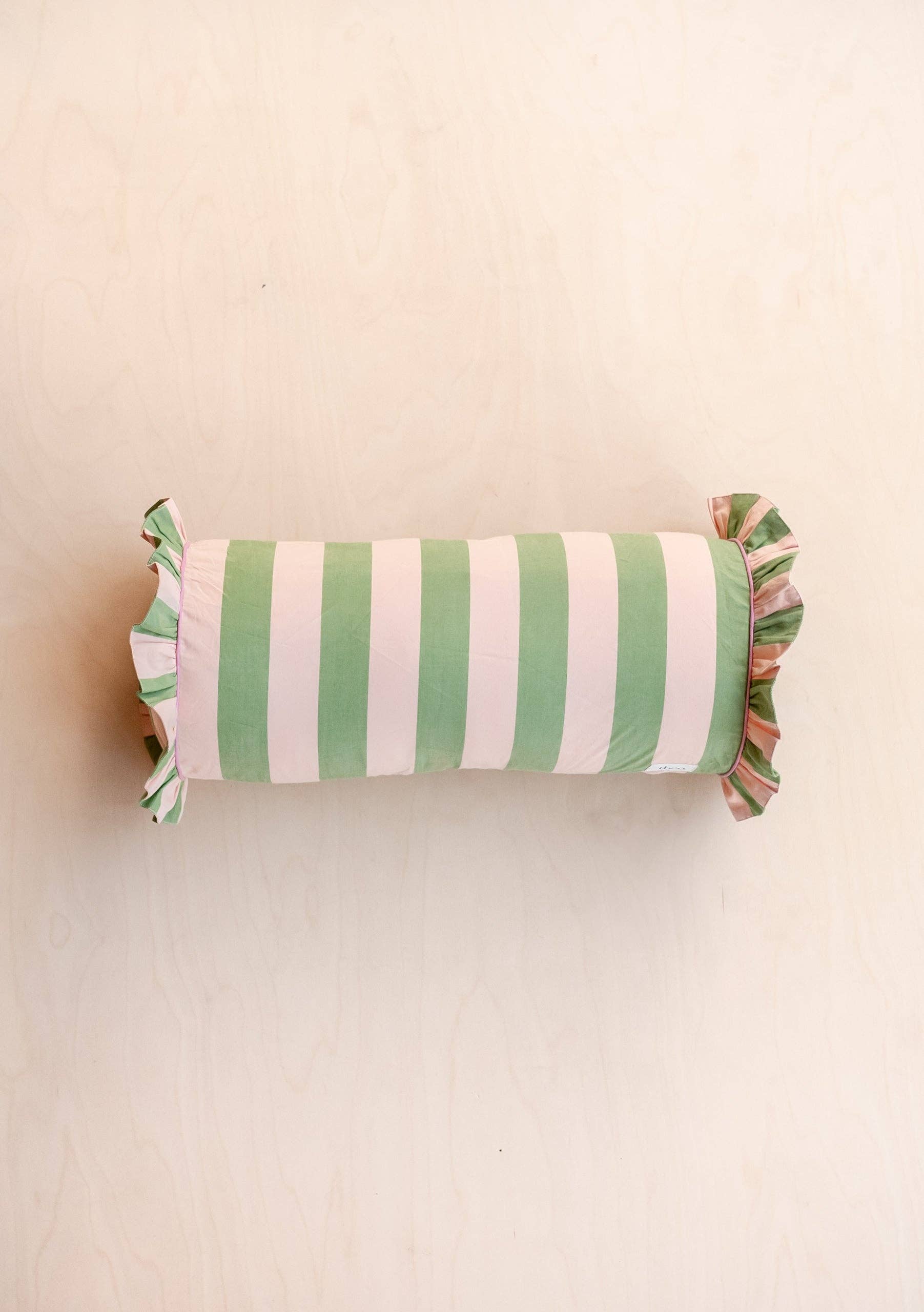 Green and Pink Striped Ruffle Bolster Cushions
