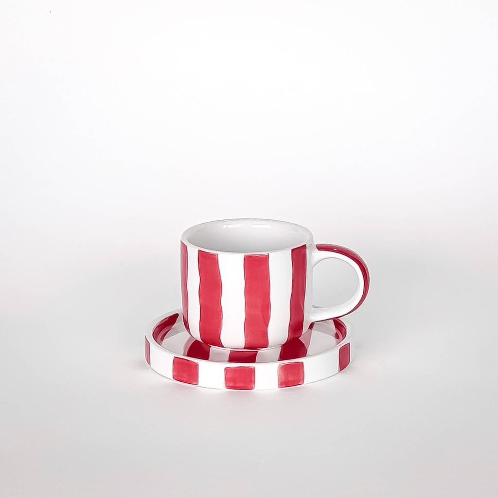 Red and White Striped Espresso Cup and Saucer Set