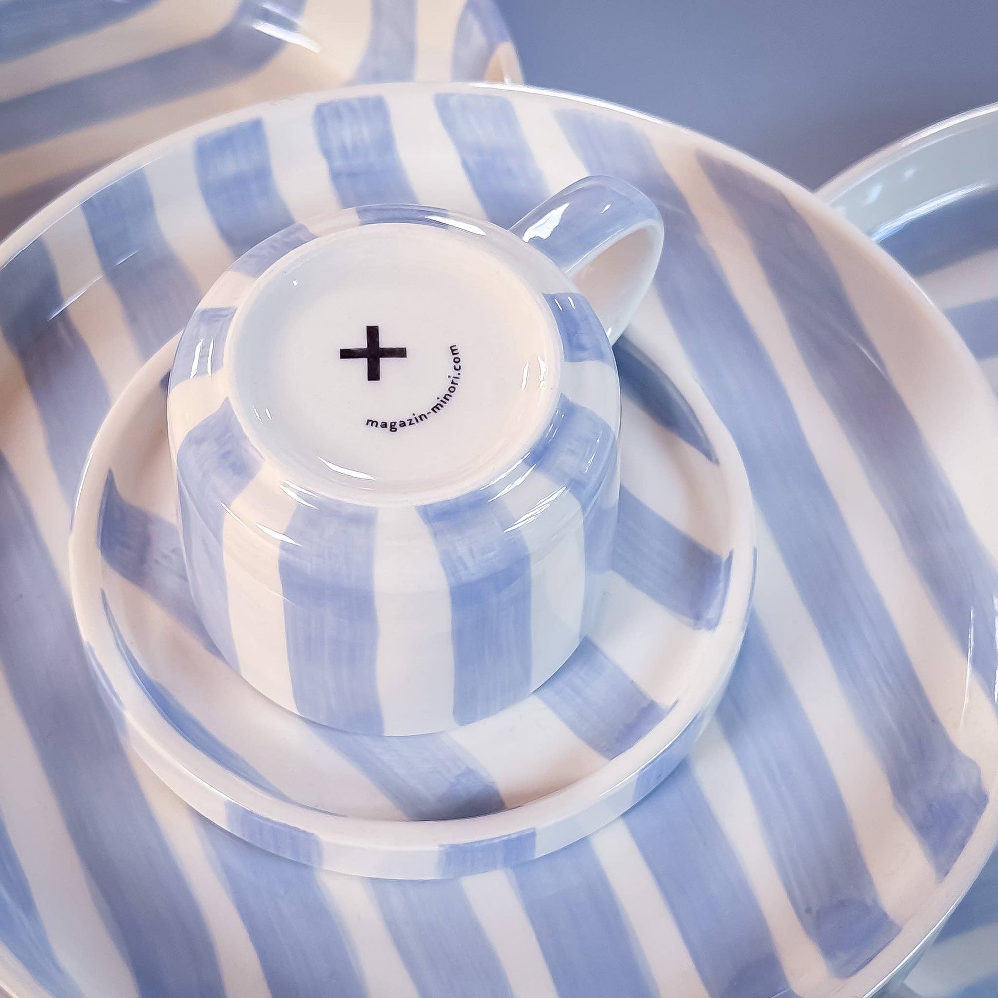Light Blue and White Striped Espresso Cup & Saucer Set