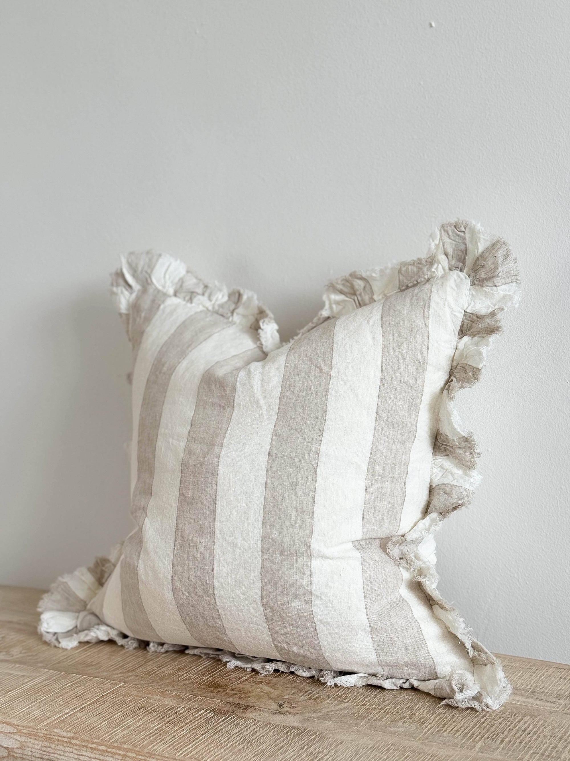 Beige and White Cushion Cover Striped Ruffle
