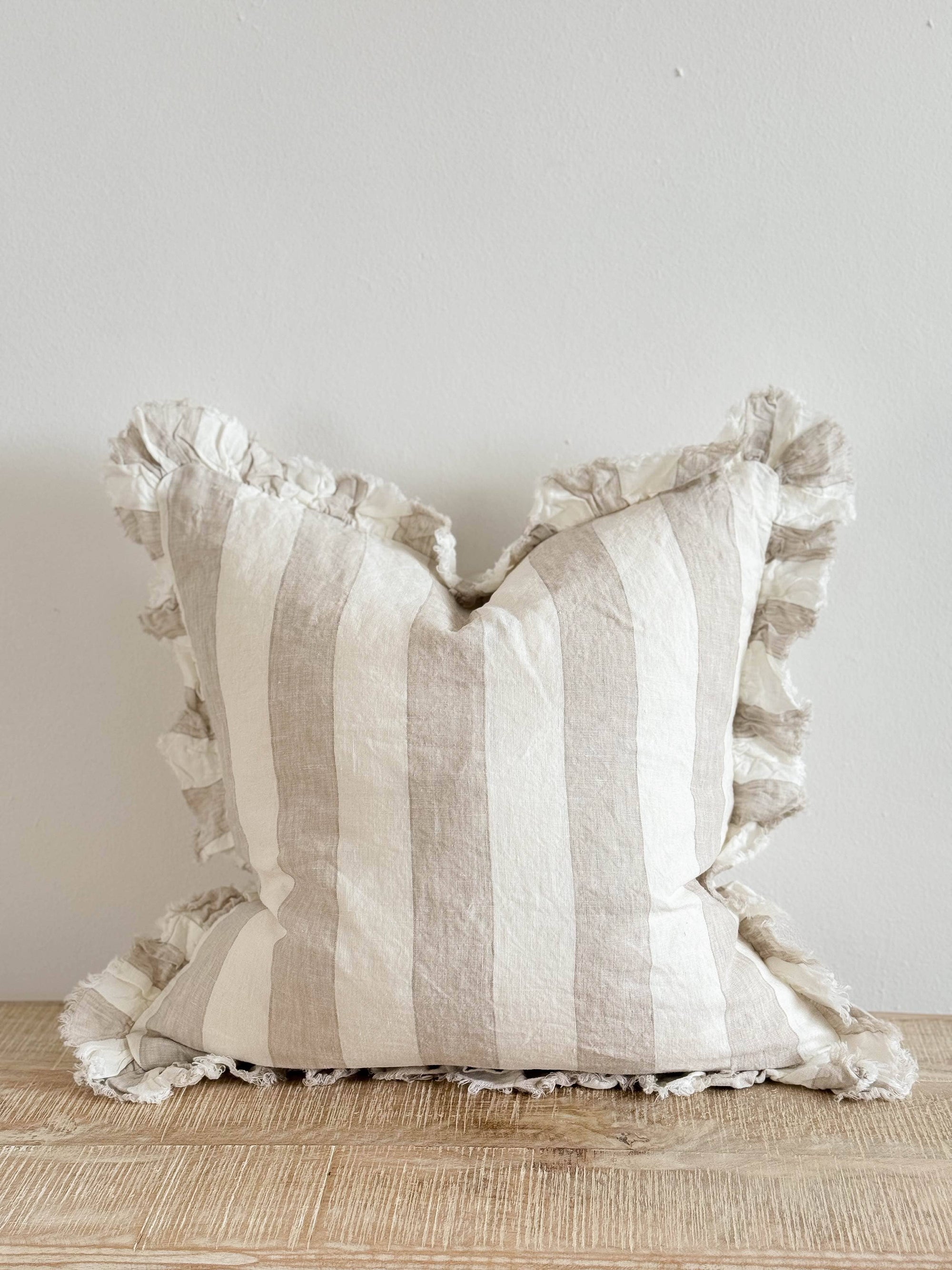 Beige and White Cushion Cover Striped Ruffle