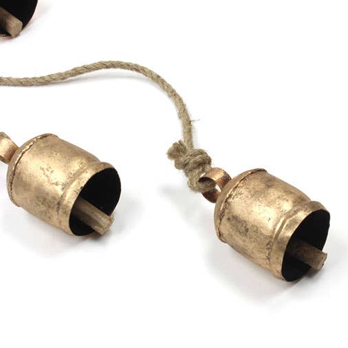 Two brass bells on a string against a white background